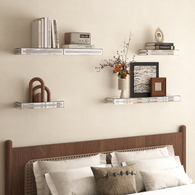 Mirrored Floating Shelf Glamorous Decorative Wall Shelf (Set of 6)For Bedroom/Living Room/Kitchen Decor, Wall Mounted Shelf Long Hanging Shelf, 5.9" D X 15" W X 2.2" H