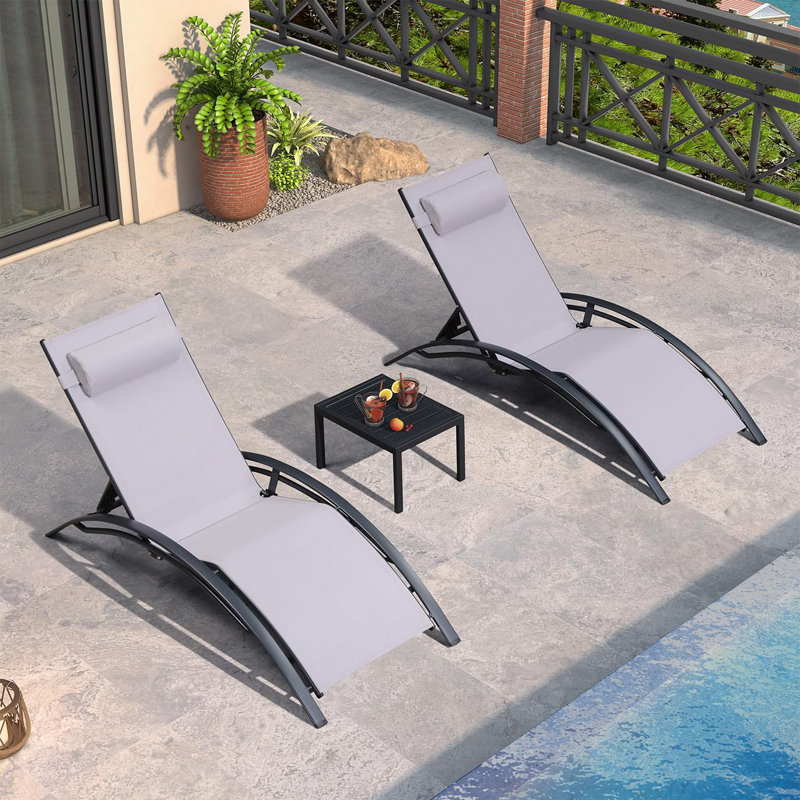 15Ft Rectangle Outdoor Garden Table Umbrella With 69.3" Long Reclining Chaise Lounge, Gray Frame/Gray Umbrella