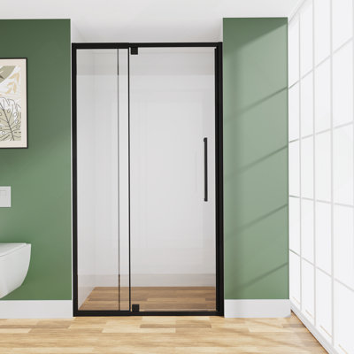 Porte de douche à charnière pivotante semi-sans cadre 44-48 po X P 72 po H, verre trempé de 1/4 po (6 mm), finition noir mat, porte de douche en verre réversible
