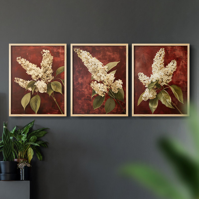 Étude florale série LXVIII - ensemble de 3 estampes numériques encadrées - prêt à être accroché, Encadré naturel