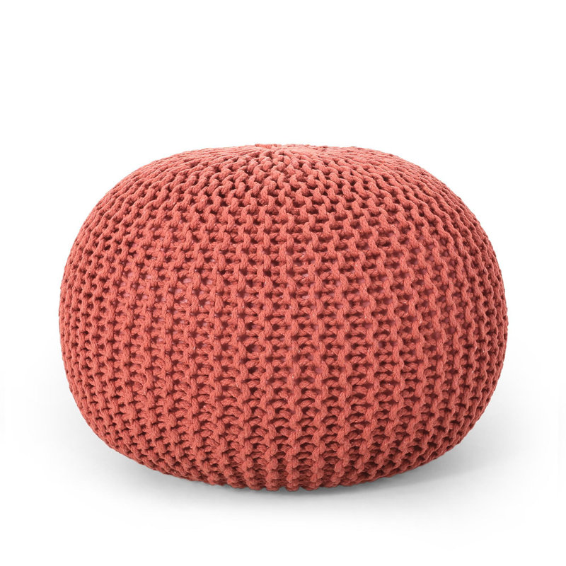Bordeaux  Knitted Cotton Round Pouf, Coral, Coral