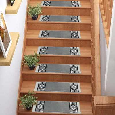 Stair Carpet Medium Soft Pile Moroccan Trellis Gray Design Canvas Backing 8.5" x 29"