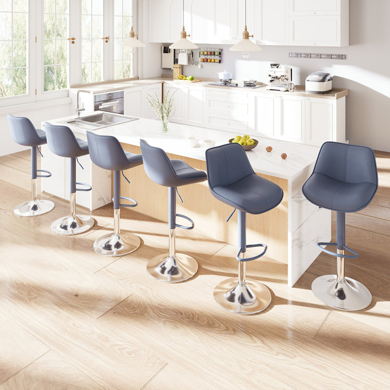Modern Upholstered Swivel 26-34’’ H Barstools, Faux Leather Bar Stools with Metal Frame, Adjustable Height Counter Stools with Footrest