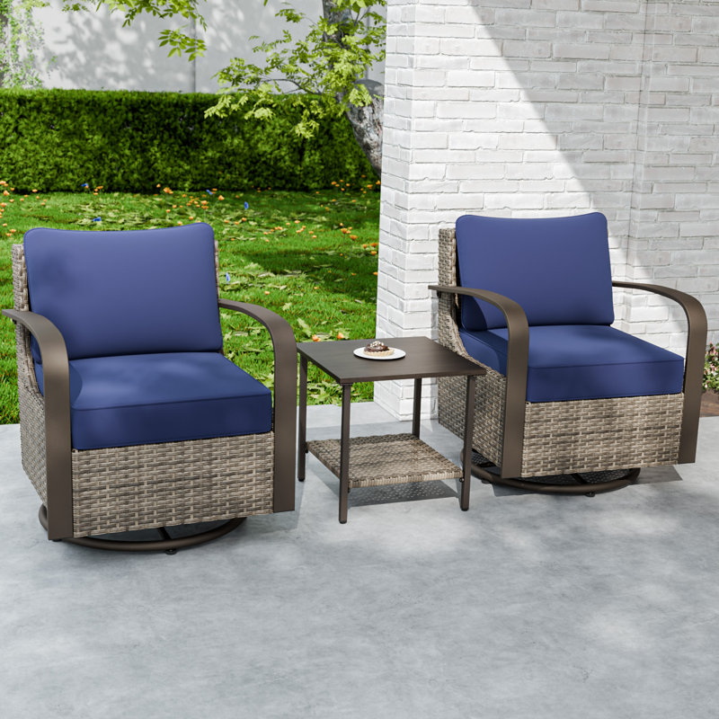 2 - Person Outdoor Wicker Swivel Rocker Chair Seating Group with Cushions, Blue