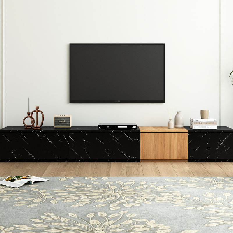 Modern Tv Stand With Faux Marble & Walnut, 4 Drawer Storage, Suited For 88" Tvs, Black Living Room Staple Contemporary Marble, 4 Suits Feature Accessory Option