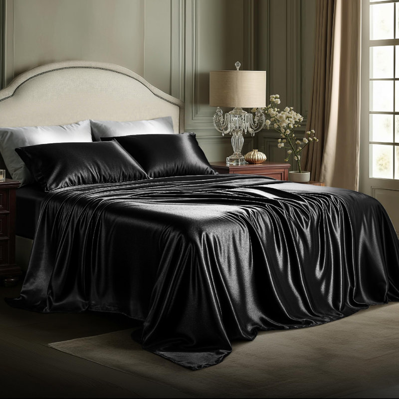 Bedsure Black Satin Sheet Set Full Size - 4 Piece Silky Bedsheets with 15" Deep Pocket (Full, Black), Full, Midnight Black
