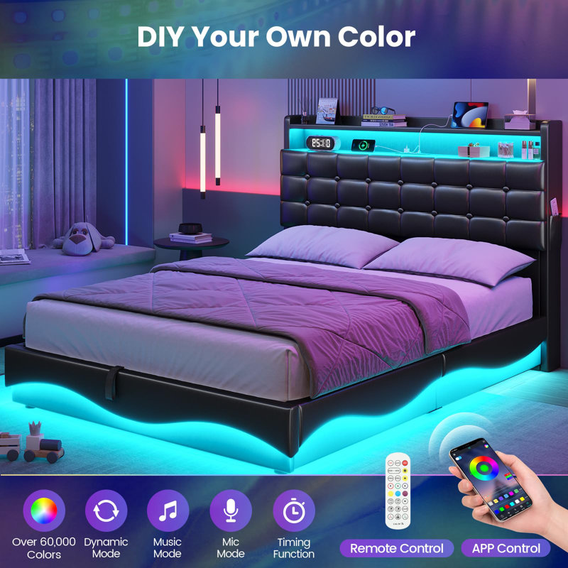 Lift Up Storage  Bed Frame With Charging Station And Hidden Storage Headboard, Led Lights Upholstered Platform Bed With Hydraulic Storage,