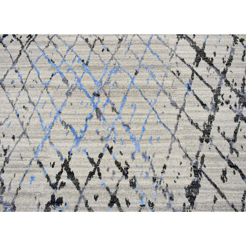 Tapis gris / bleu / noir noué à la main de haute qualité, Rectangle 8 pi x 10 pi