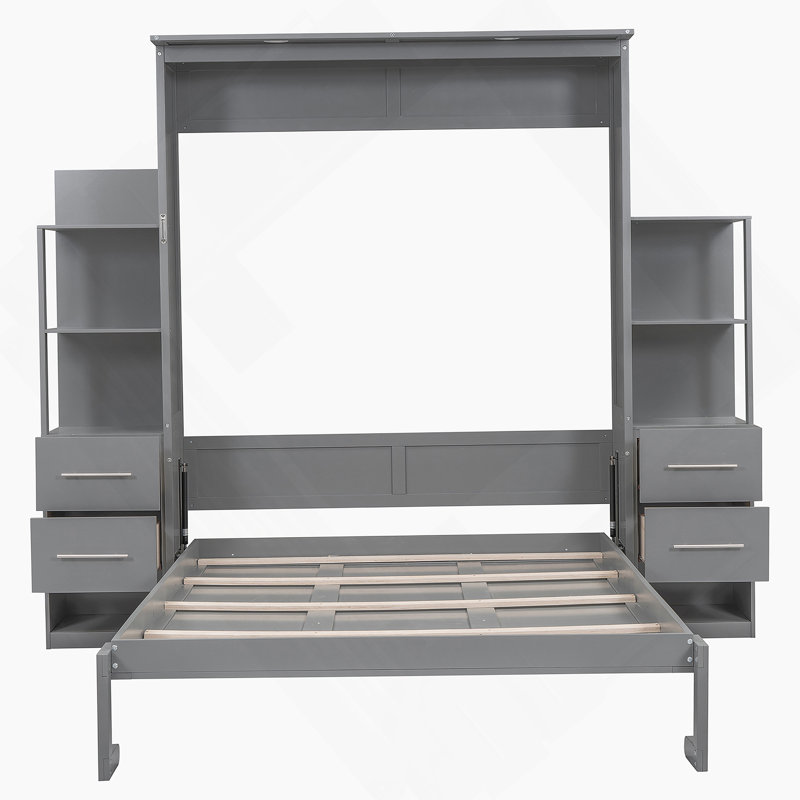 Grand lit escamotable mural avec tablettes, tiroirs et lumières, gris, Gris