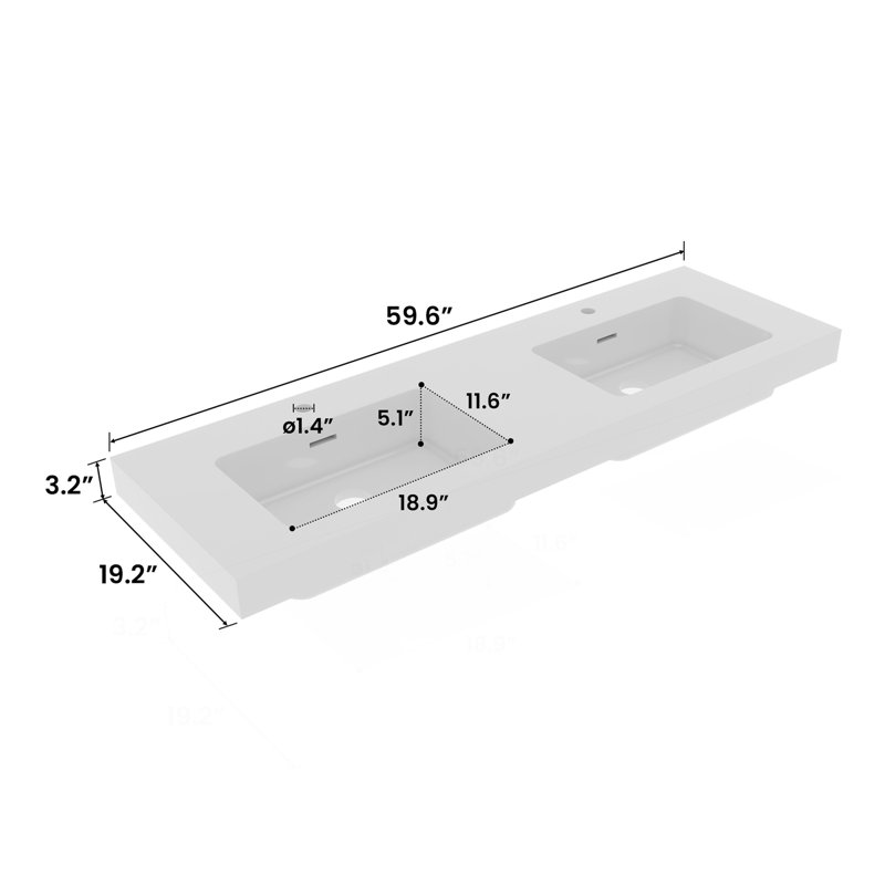 BB02-60-101H, deux lavabos à surface solide intégrés SANS drain et robinet, couleur blanc brillant (n'inclut que le lavabo de salle de bain)