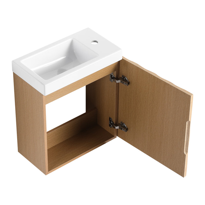 Meuble-lavabo mural 18,5 po avec lavabo en résine, porte simple à fermeture douce, bois naturel, solution de rangement moderne pour assemblage sans quincaillerie supplémentaire