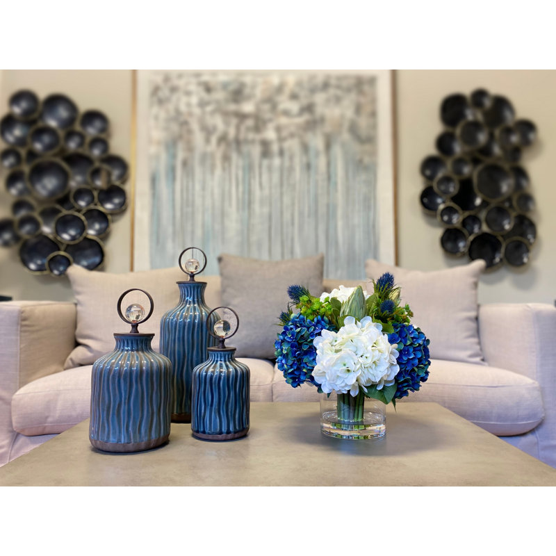 Assorted Hydrangeas with Thistle, Cactus and Protea in Glass Vase