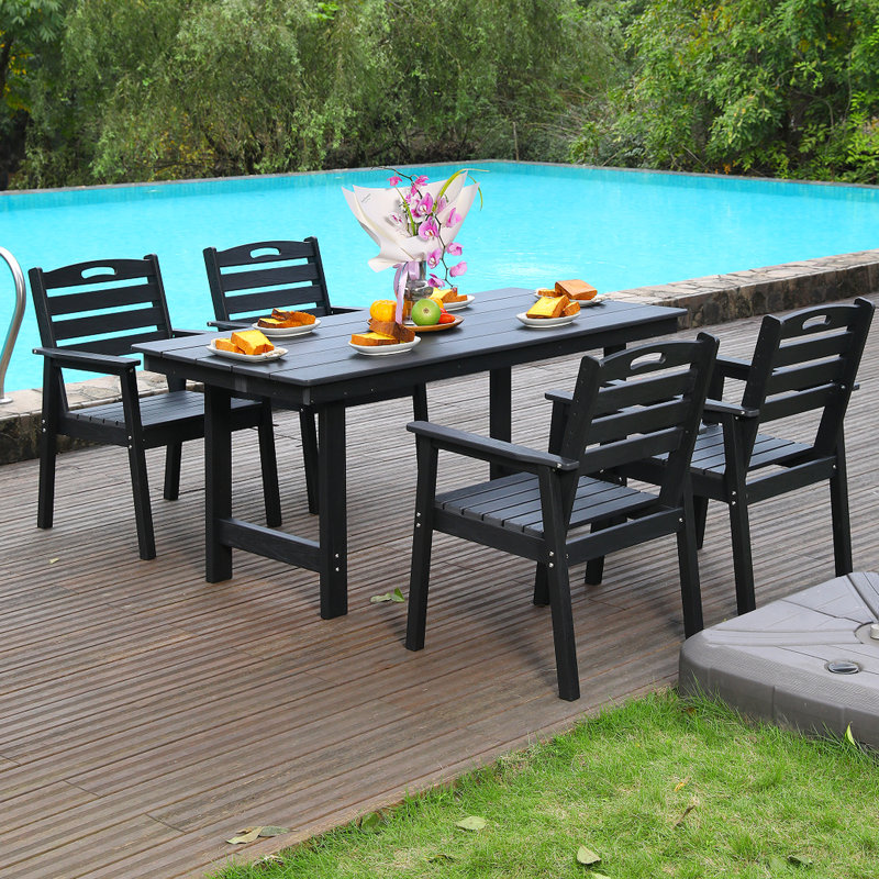 Repas d'extérieur, style, noir, sièges 4, avec trous de parasol, convient aux pelouses et au bord de la piscine, aux intempéries, à la construction, peu d'entretien, facile à nettoyer, une table, quatre chaises, des espaces,