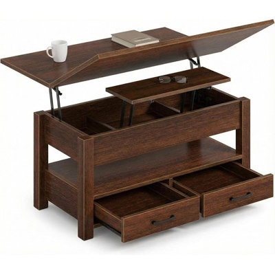 Adjustable Lift Top Coffee Table - Split Lift Design, 2 Drawers & Hidden Compartment for Living Room/Home Office