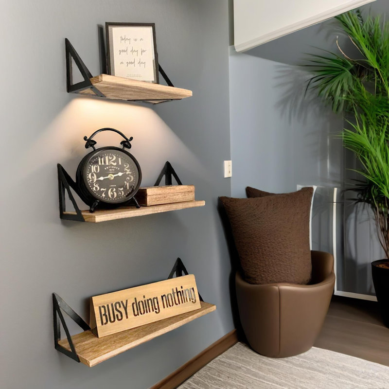 Rustic Wooden 3 Floating Shelf Set Wall Mounted Storage Shelves Display Rack