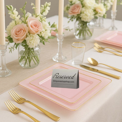COMBO SET The Edge Collection 10.75inches & 7.75inches Square Transparent Pink With Gold Rim Plastic Dinnerware