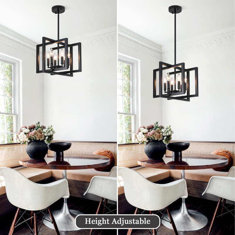 6-Light 15 in. Dimmable Modern Industrial Geometric Candle Style Chandelier with Square Open Frame For Kitchen Island Living Room And Entryway 