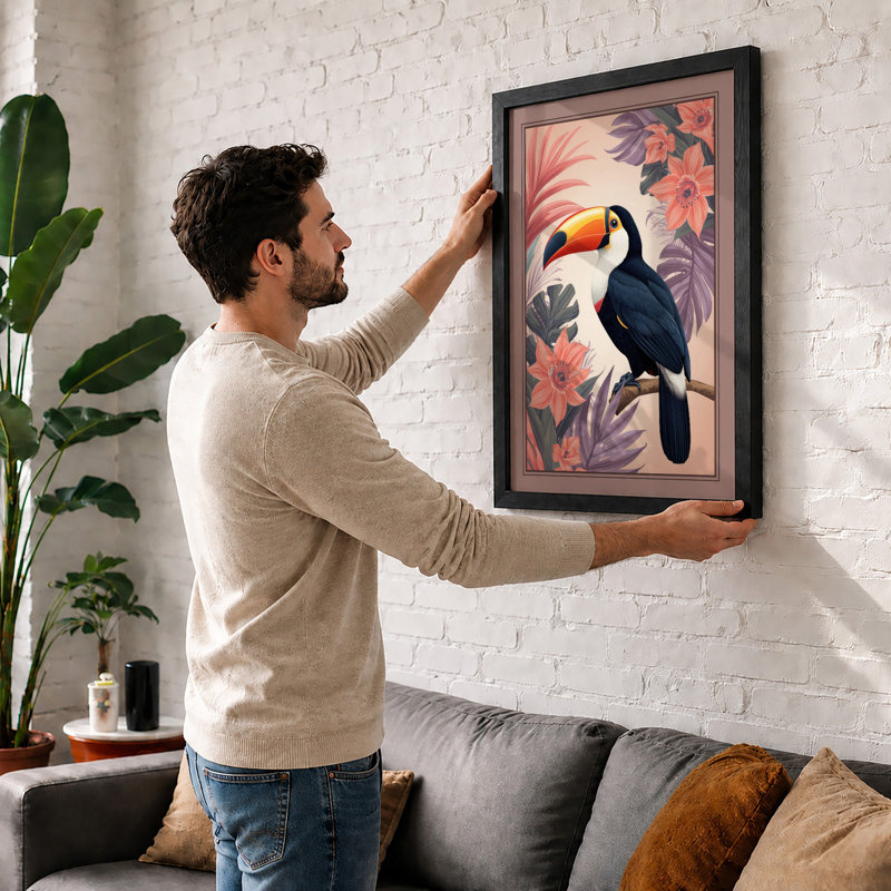 Toucan Among Blooms Boho - Framed Print, A4 - 29.7 x 21.0 cm, Black