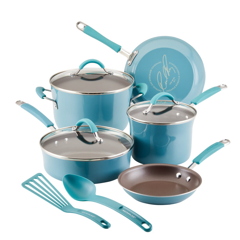 Rachael Ray Cucina Nonstick Cookware Pots and Pans Set, Includes Cooking Utensils, 10 Piece, Agave Blue