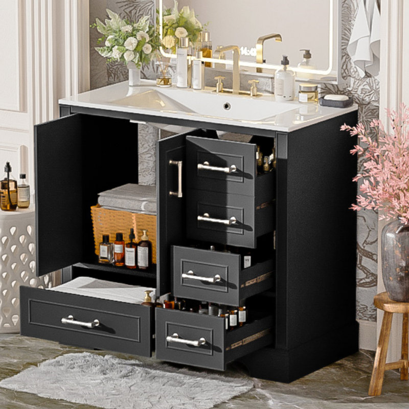 36" Traditional Bathroom Vanity With Ceramics Sink , Black Bathroom Cabinet With Two Soft Close Doors And Four Drawers, Bathroom Vanity