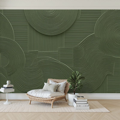 Peel and Stick Wallpaper  Modern Self Adhesive Wall Mural for Bedroom Abstract Curved Line Circular Linear Elements Green Tones