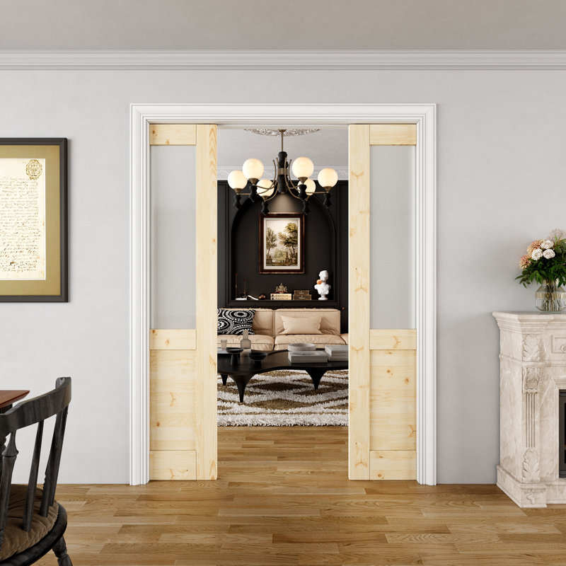 Porte intérieure en bois de pin et verre givré demi-Lite intérieur, portes doubles à double passepoil de style colonial, verre trempé certifié SGCC, armature solide et ensemble de quincaillerie, porte de chambre à coucher coulissante, sans finition et à peindre, pour garde-manger, chambre à coucher et garde-robe, 60 po x 80 po "