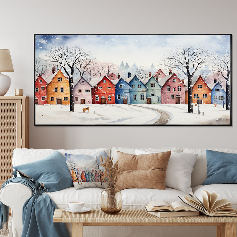 Décoration murale multicolore ville givrée en hiver II - Paysage d'hiver, Cadre flottant noir, H 28 po x l 60 po x P 1,5 po