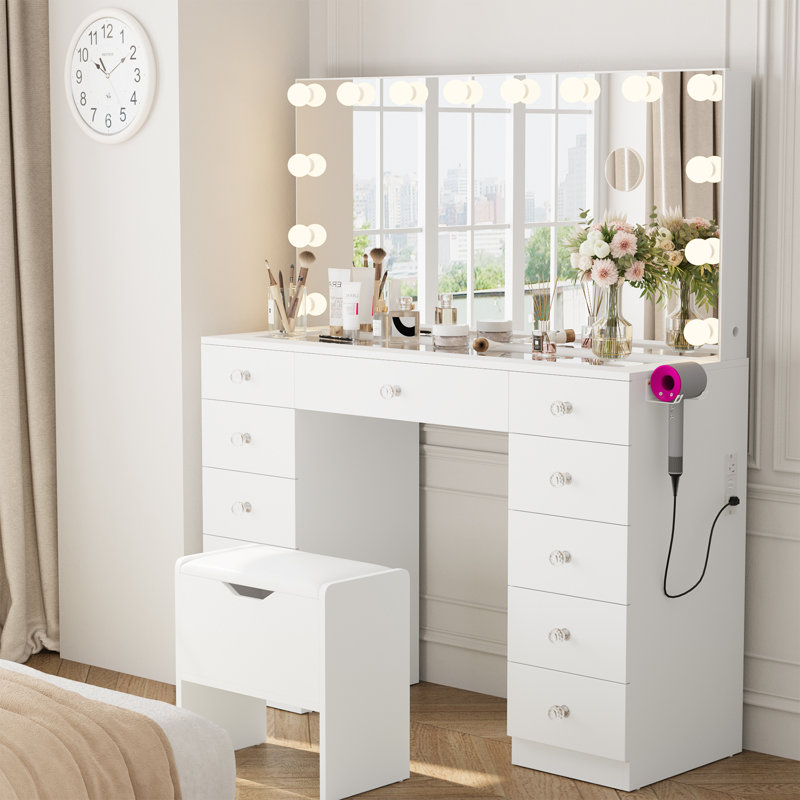 Coiffeuse Greyden avec 11 tiroirs et ampoules, tabouret de rangement et miroir grossissant 10X, Blanc
