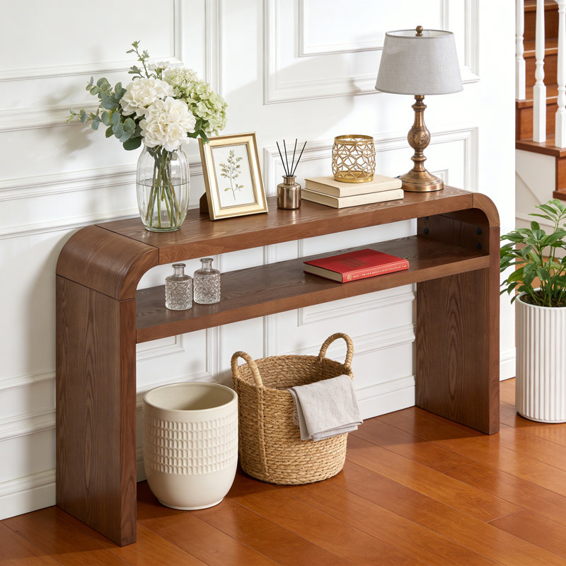 59.4'' Wood Console Table with Solid Wood Veneer and Curved Corners, Walnut