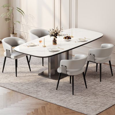Modern 5-Piece Dining Set with 55.1" Sintered Stone Table and 4 Upholstered Dining Chairs, Rounded Rectangular Table Set