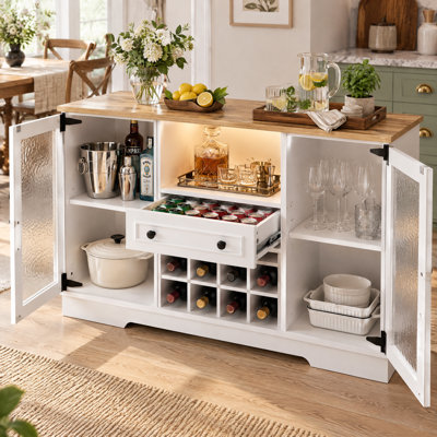 Meuble-bar à abattants avec éclairage DEL et 2 portes en verre effet vague, meuble à vin de style campagnard avec étagères de rangement
