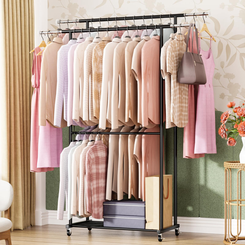Double Garment Rack, Rolling Clothes Hanging Rack with Expandable Rod, Load 400 LBS