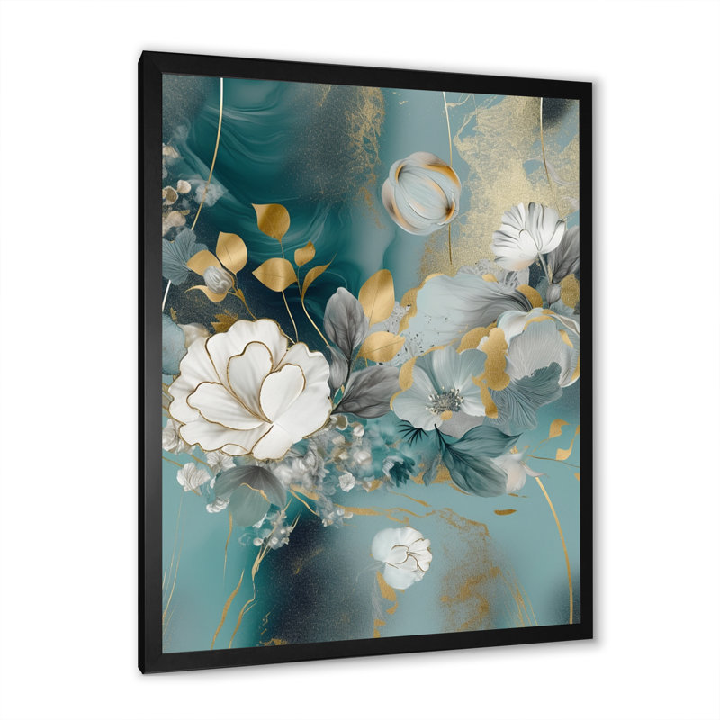 Fleurs de marbre doré bleu IV - impression, H 40 po x l 30 po x P 1,5 po, Cadre photo noir