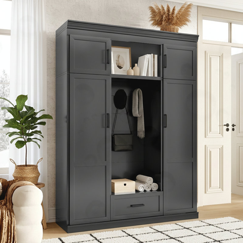 85"Modern Hall Tree – 63" Wall-to-Wall Storage, 4 Door Cabinets, Hidden Drawer & Shoe Bench. Grand Foyer Statement in Matte