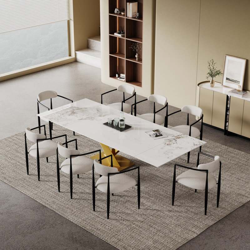 Ensemble de salle à manger 9 pièces avec chaises en tissu extensible 94,48 po Harison, Blanc / noir, Blanc montagne enneigée