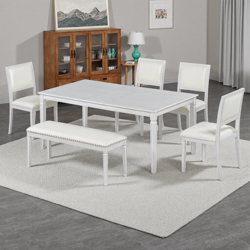 Ensemble de salle à manger extensible 59 à 72 po - 4 chaises en lin + banc, plateau en bois massif vieilli à la main et pieds sculptés. Rustic Farmhouse déclaration pour 6