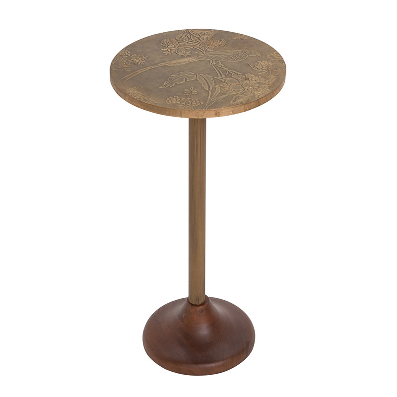 D12X24" Slender Brass Side Table With Textured Gold Top And Wooden Pedestal Base