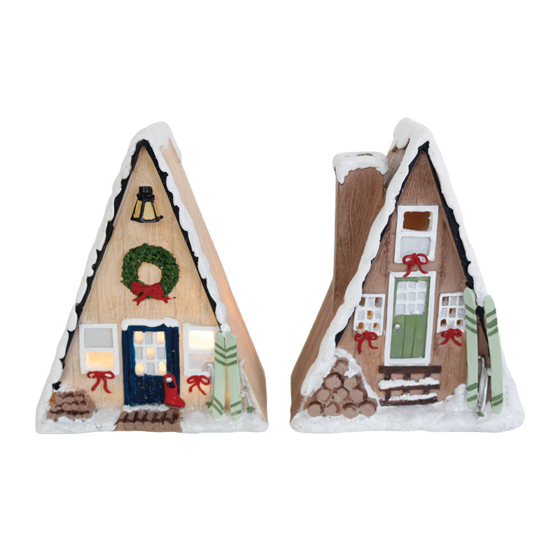 Illumine en résine Snow Lodge, objets décoratifs, brun, céramique, ensemble de 2, plateau de table, salon, Noël, décoration de Noël, éclairage à DEL