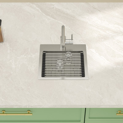 Drop-In Workstation Kitchen Sink with Faucet, Stainless Steel Single Bowl Kitchen Sink with Sink Grid and Cutting Board