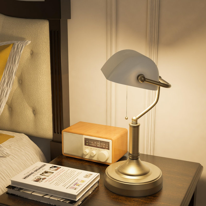 Banker's Table Lamp Desk Lamp With Antique Bronze Tone Base, Glass Shade And Pull Rope Switch For Home Office, Living Room, Bedroom, Dining Room