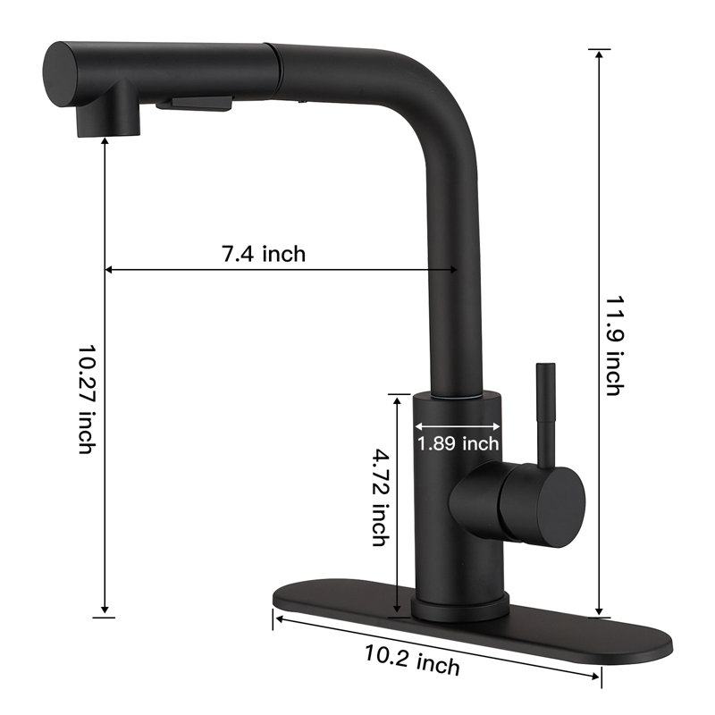 Robinet de cuisine extractible à poignée simple avec plaque de pont et conduites d'alimentation, Noir mat