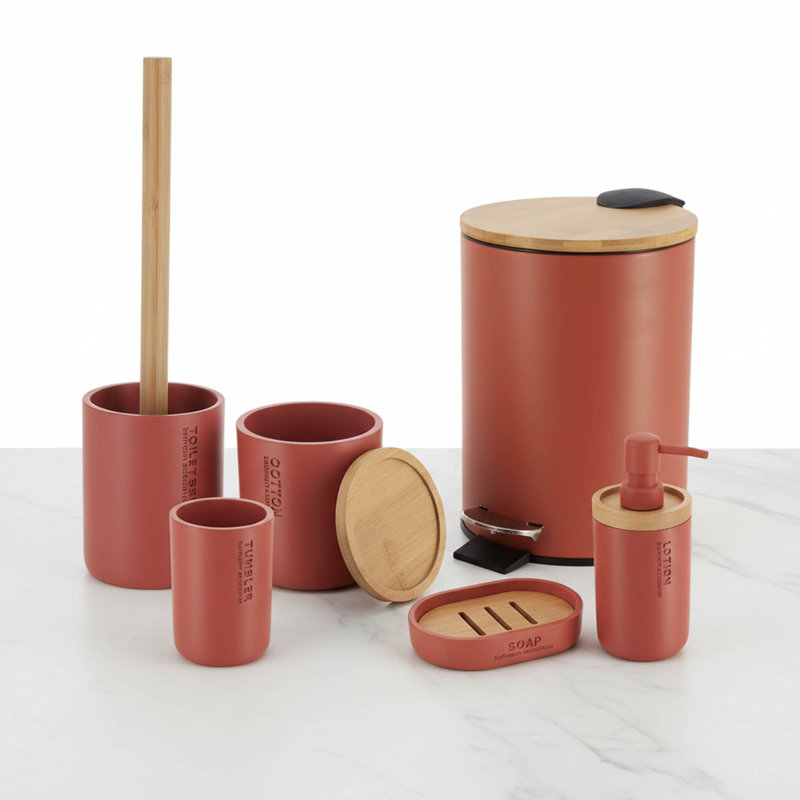 Accessoires de salle de bain avec accents naturels, ensemble moderne 6 pièces, Terracotta