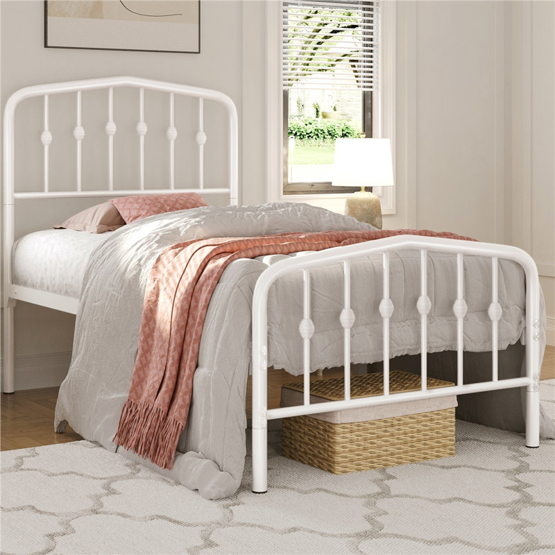 White Twin Metal Platform Bed with Victorian Headboard and Footboard