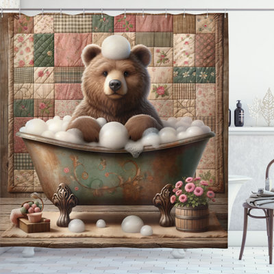 Ambesonne Rustic Shower Curtain Farmhouse Grizzly Bear Bath in Chocolate Rose Green -  sc_429828_extralong