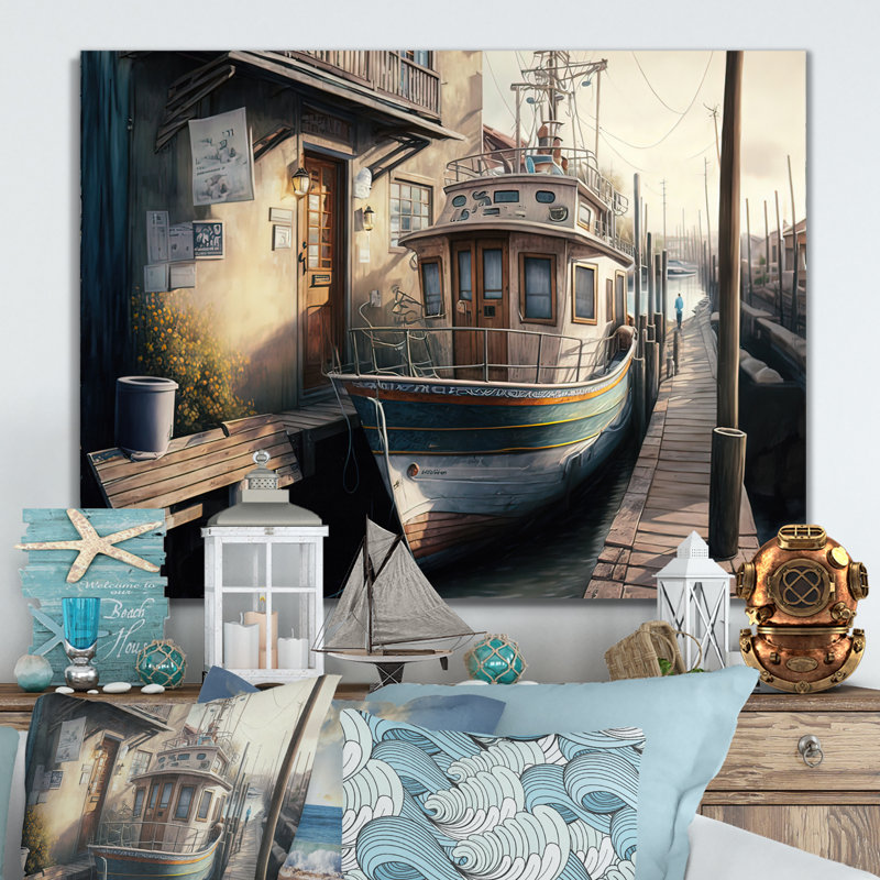 Port rustique avec un bateau de pêche IV - Peinture sur toile, H 16 po x l 32 po x P 1 po, Toile tendue