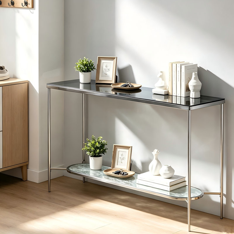 Console avec plateau en verre et tablette de rangement inférieure