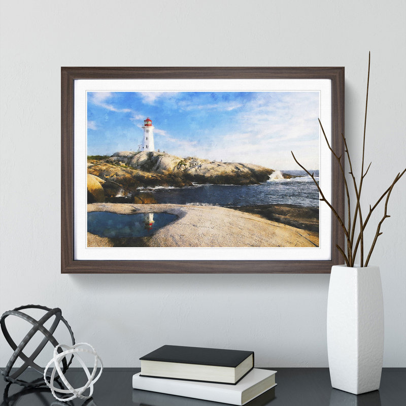 Lighthouse & Seascape In Canada - Single Picture Frame Painting on MDF, 48cm H x 65cm W x 2cm D, Walnut Framed