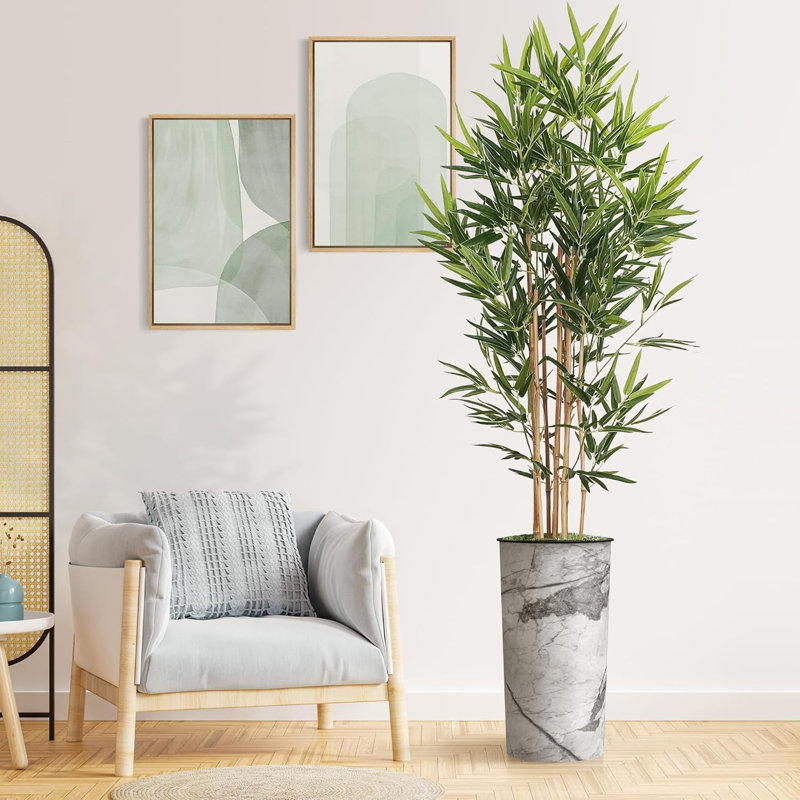 Artificial Tree in Contemporary Planter Fake Bamboo Silk Tree (Plant Pot Plus Tree), Marble Light Grey
