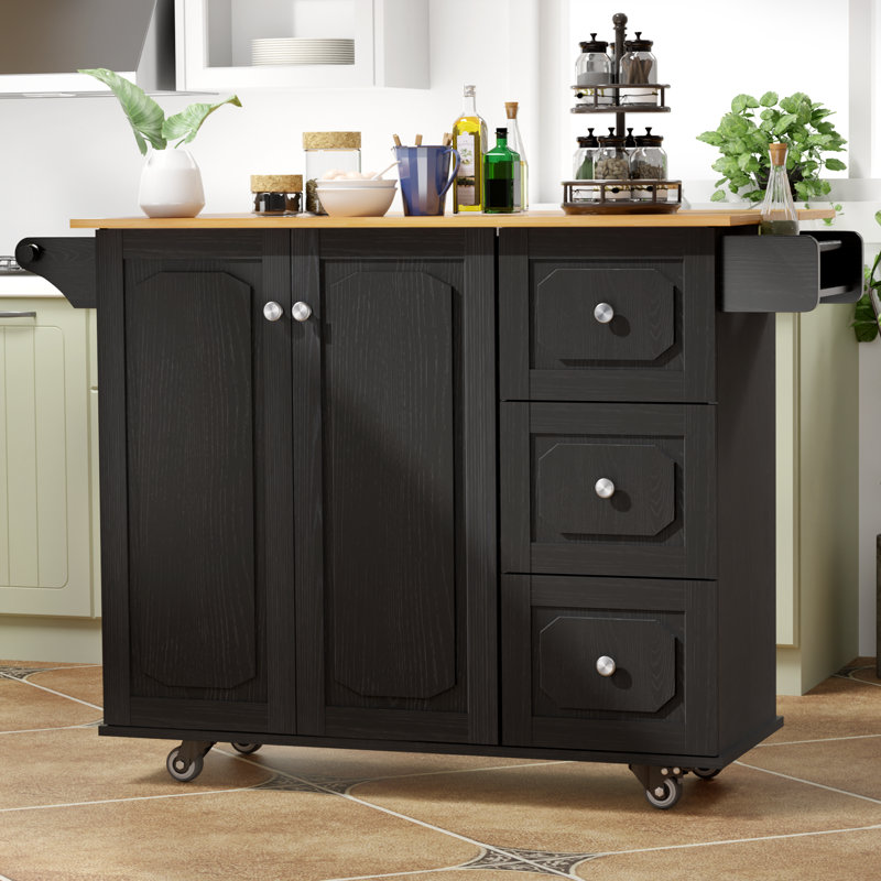 Îlot de cuisine avec roues verrouillables Lark Manor ™, chariot de cuisine à plateau en bois massif avec abattant extensible, armoire de rangement roulante avec tiroirs et support à épices pour la cuisine et la salle à manger