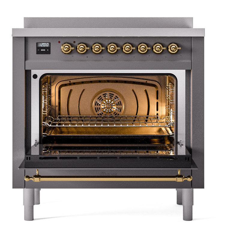 ILVE Nostalgie II Series 36 inch Induction Range with 6 Induction Elements (Glass Door), Graphite Matte/Brass